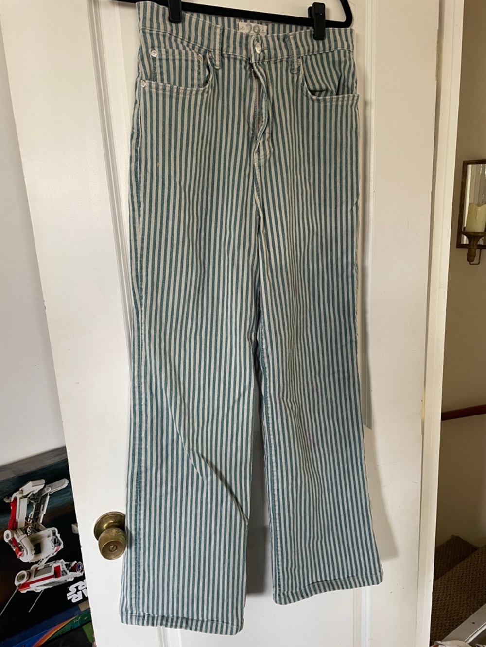 Free People Striped High-Waist Denim Jeans in Teal and White - Picture 4 of 6